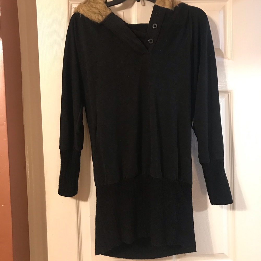 Light sweatshirt material with a faux fur hood.